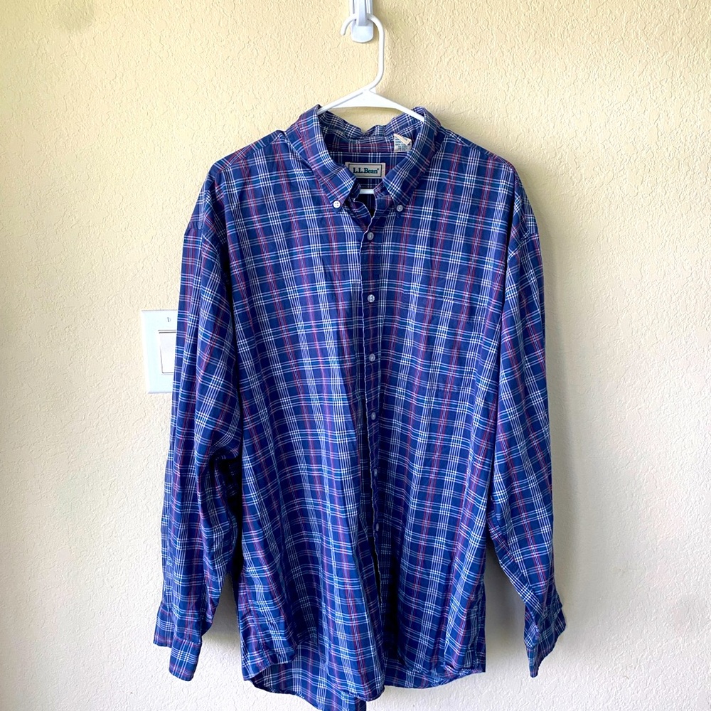 L.L. Bean Blue and Red Plaid Casual Button Down Shirt